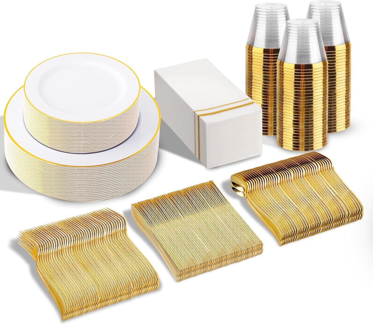 SUT 350-piece elegant white and gold disposable dinnerware set, including premium dinner and salad plates, cups, napkins, and cutlery for 50 guests. This all-inclusive set is perfect for hosting upscale parties with convenience and style.